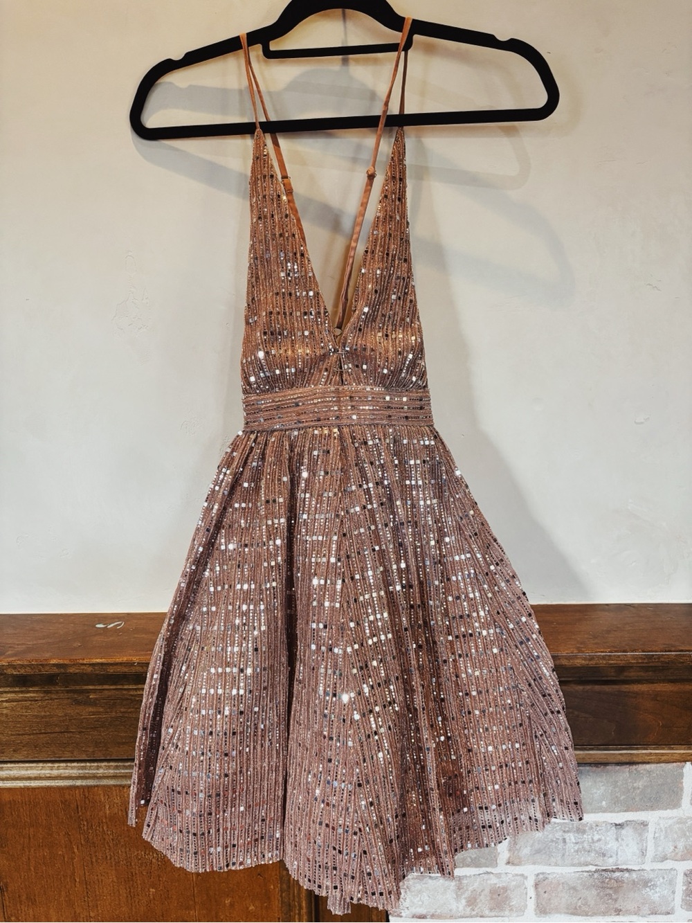 Luxxel Rose Gold Sequin Plunge Mini Dress